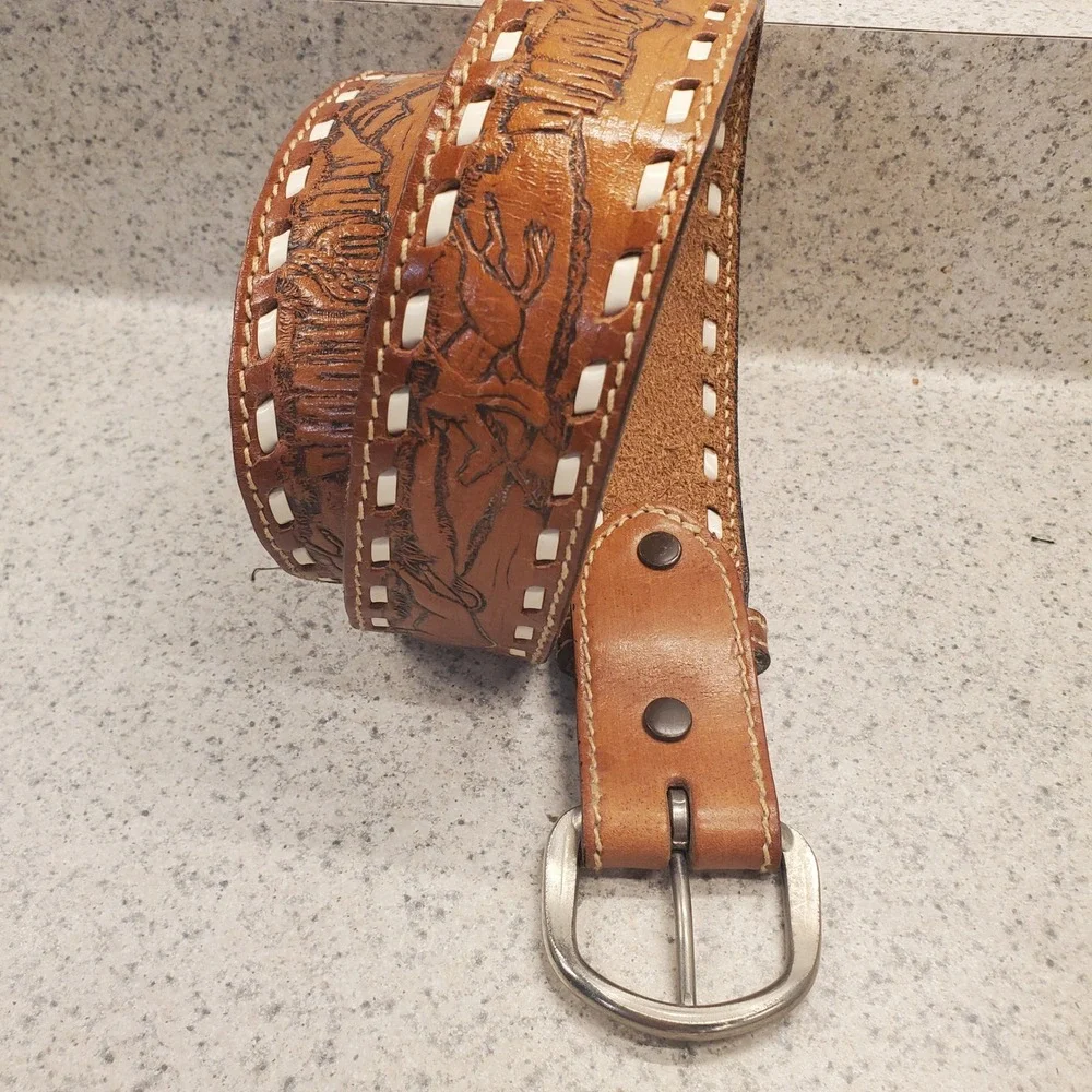 VTG Hand Tooled Leather Belt Mens SZ 40 Buffalo Hunt Topstitch Removeable Buckle